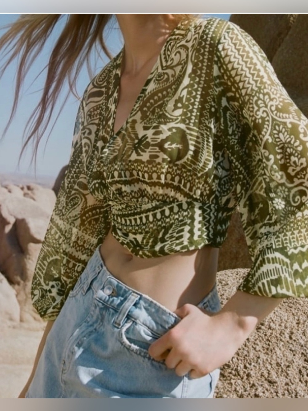 Zara Olive Green Printed V-Neck Crop Top